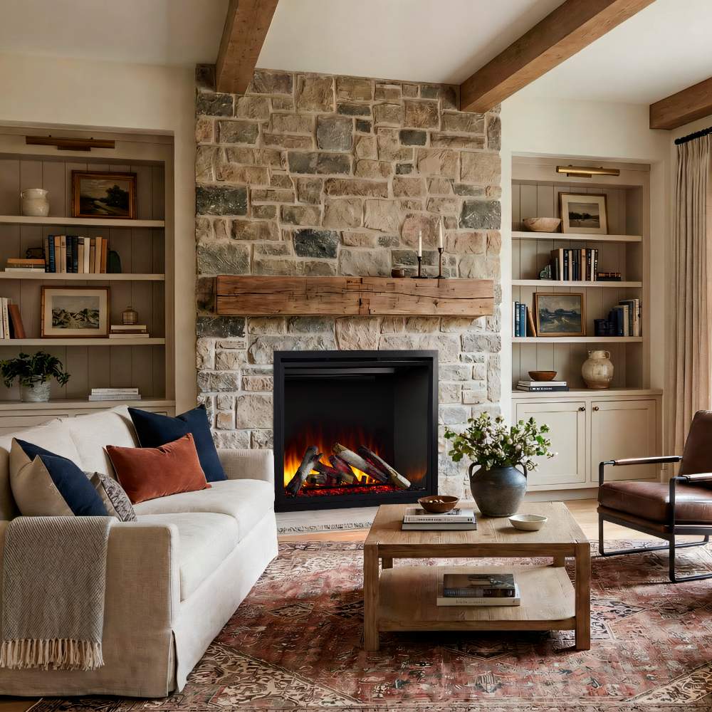 Built-in electric fireplace in stone surround with visible flame and log bed