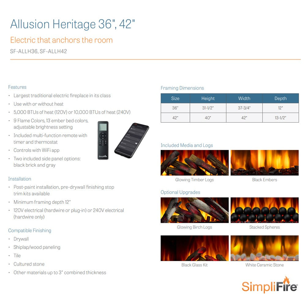 Electric fireplace spec sheet with flame images and remote control options