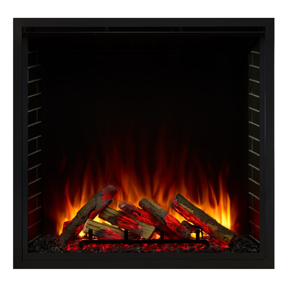 Electric fireplace firebox with glowing logs and ember bed behind black glass