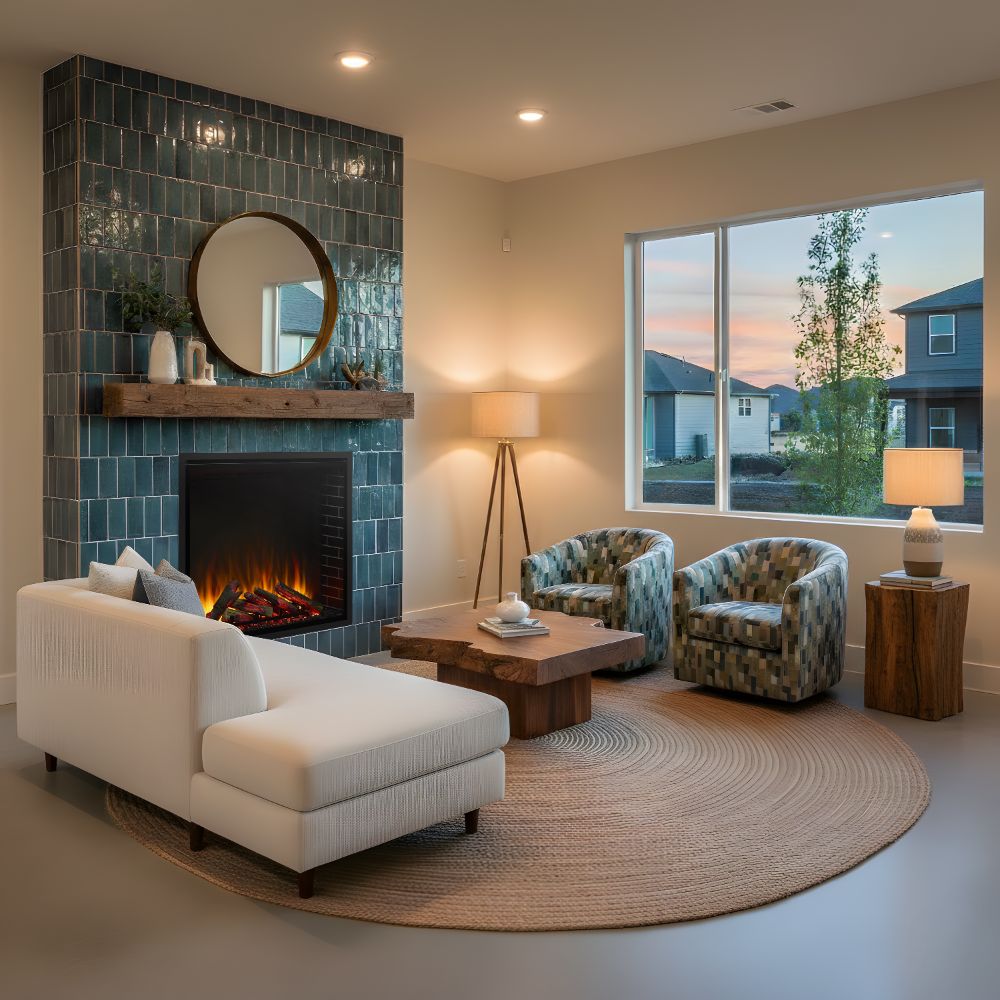 Built-in electric fireplace with orange flames and black firebox in blue-tile surround