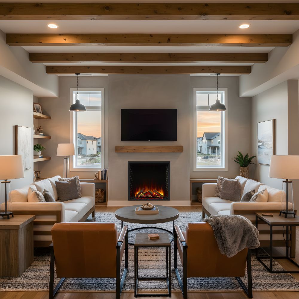 Built-in electric fireplace insert showing realistic flames in dark firebox