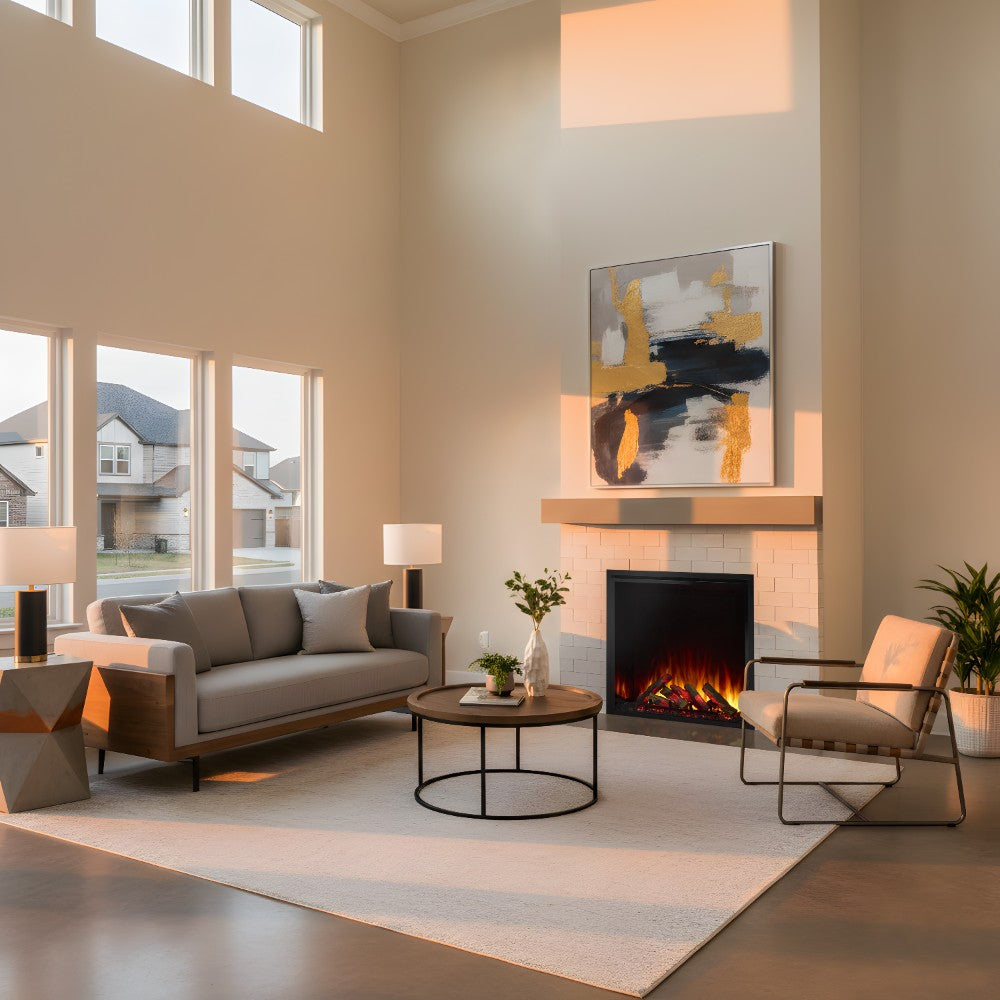 Built-in electric fireplace with glowing flames in a dark firebox
