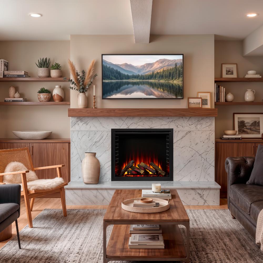 Built-in electric fireplace with glowing logs and black glass viewing window