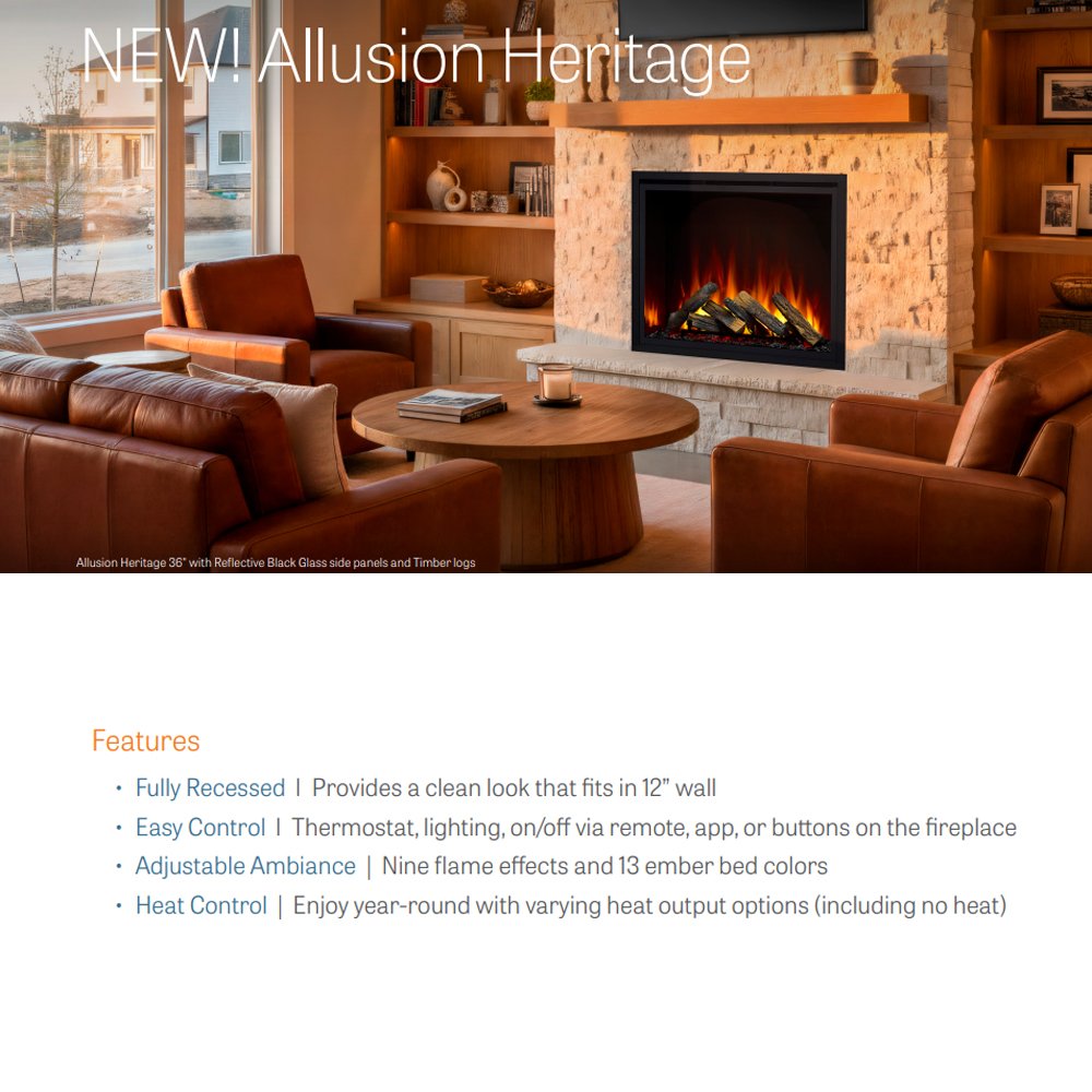 Built-in electric fireplace with burning flames in stone surround and black firebox