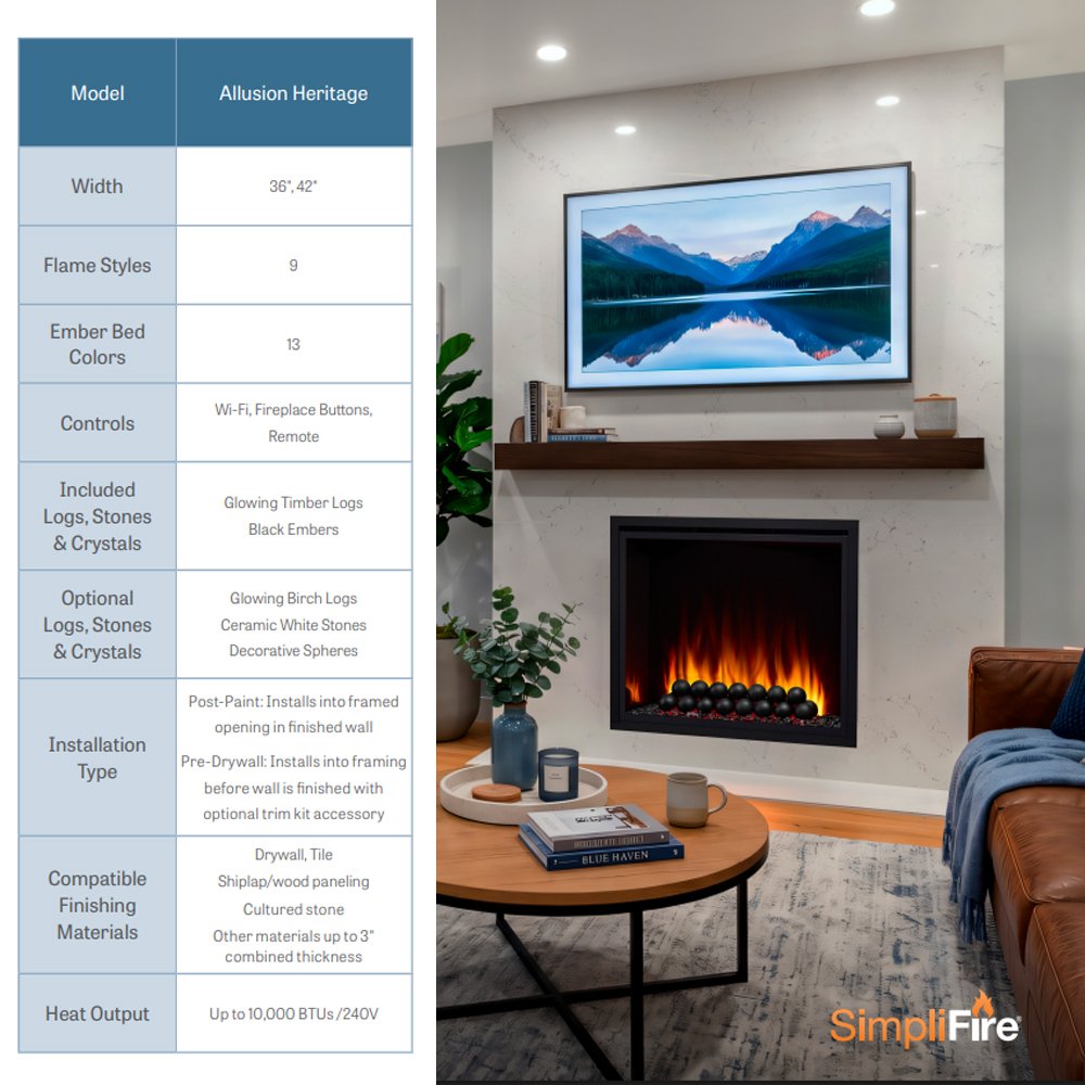 Built-in electric fireplace with black glass front and glowing ember bed
