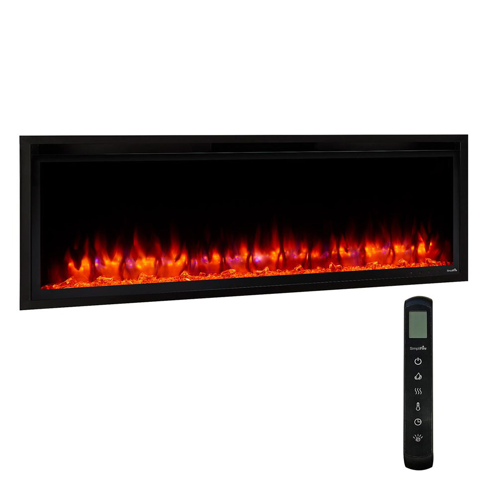 Black linear electric fireplace with bright flame effect and handheld remote control