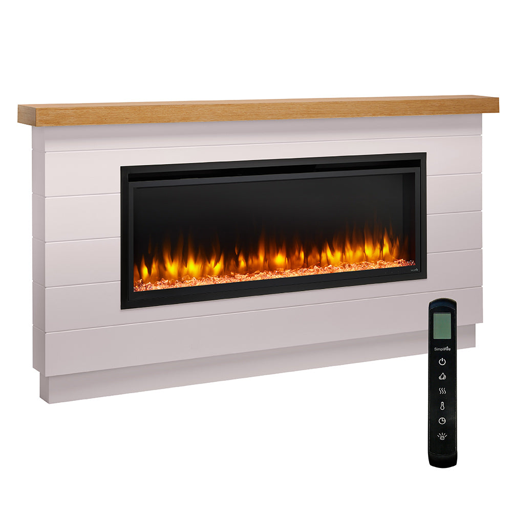 Modern farmhouse electric linear fireplace mantel with white surround and black firebox