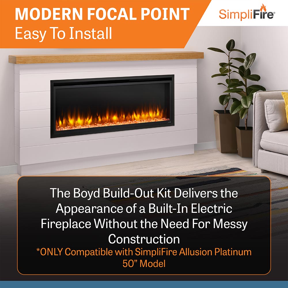 White electric linear fireplace mantel with black insert and remote control