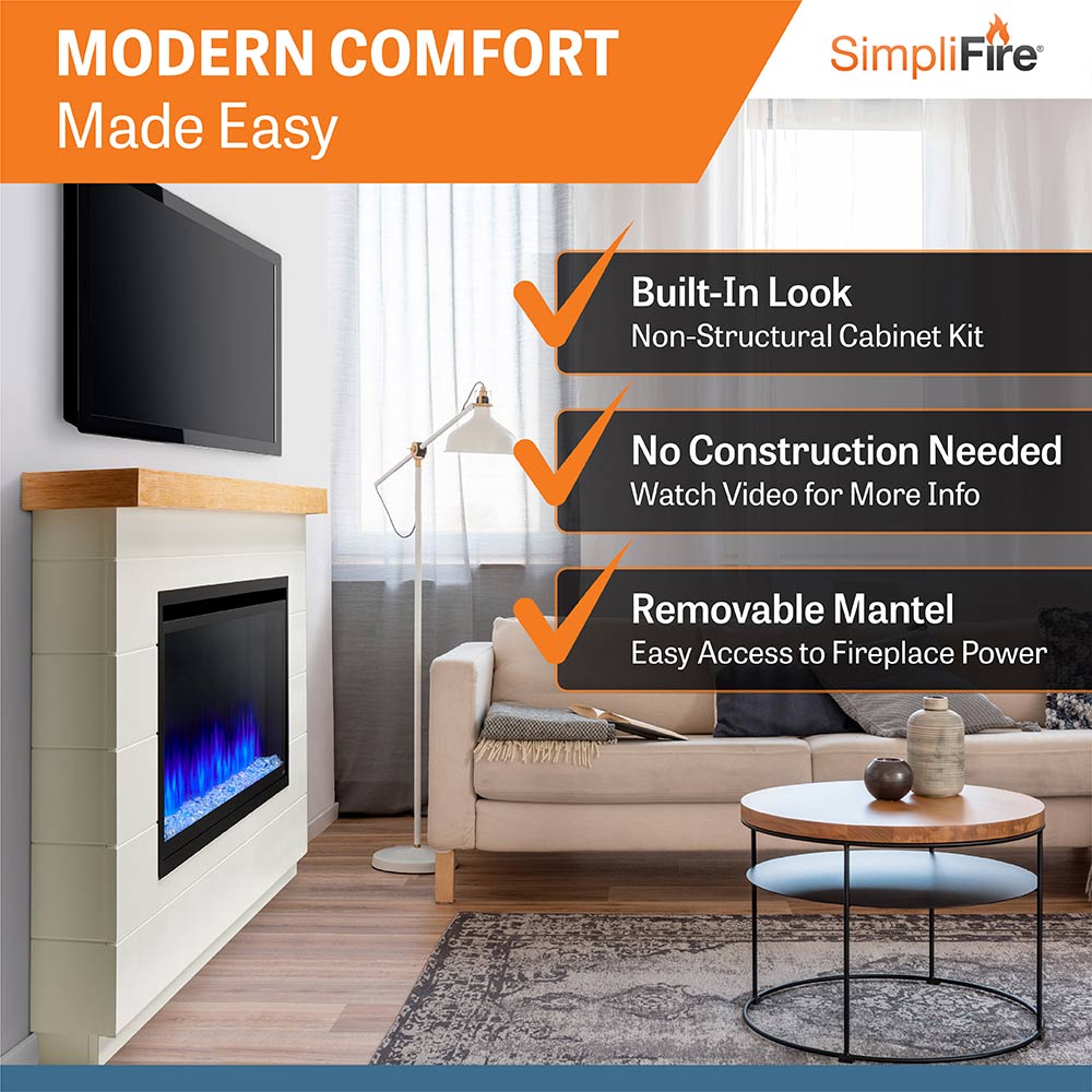 Electric linear fireplace with white built-in look cabinet and black firebox