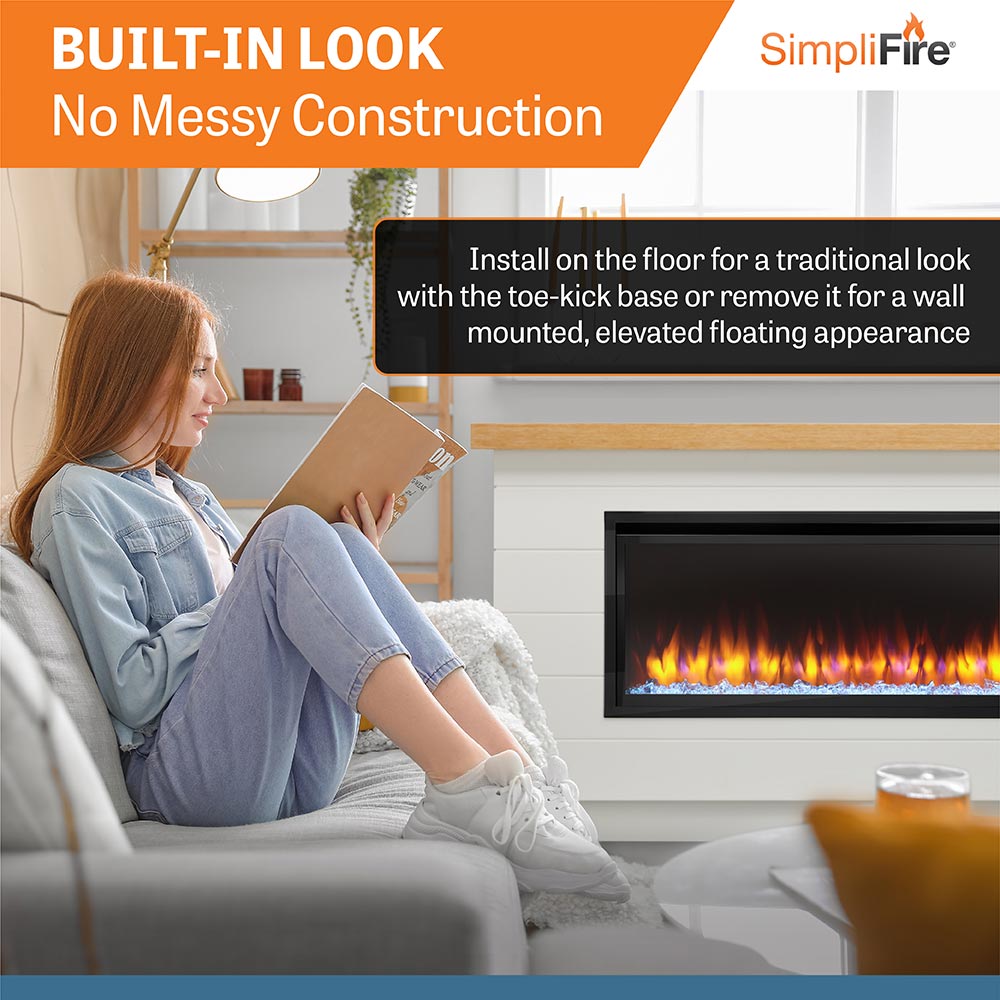 Electric linear fireplace with white surround and black firebox, wall display