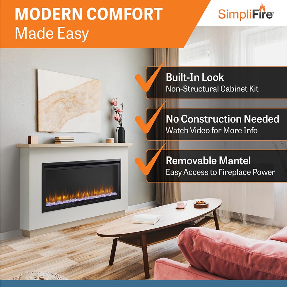 Electric fireplace mantel package with built-in look, black linear firebox, removable mantel