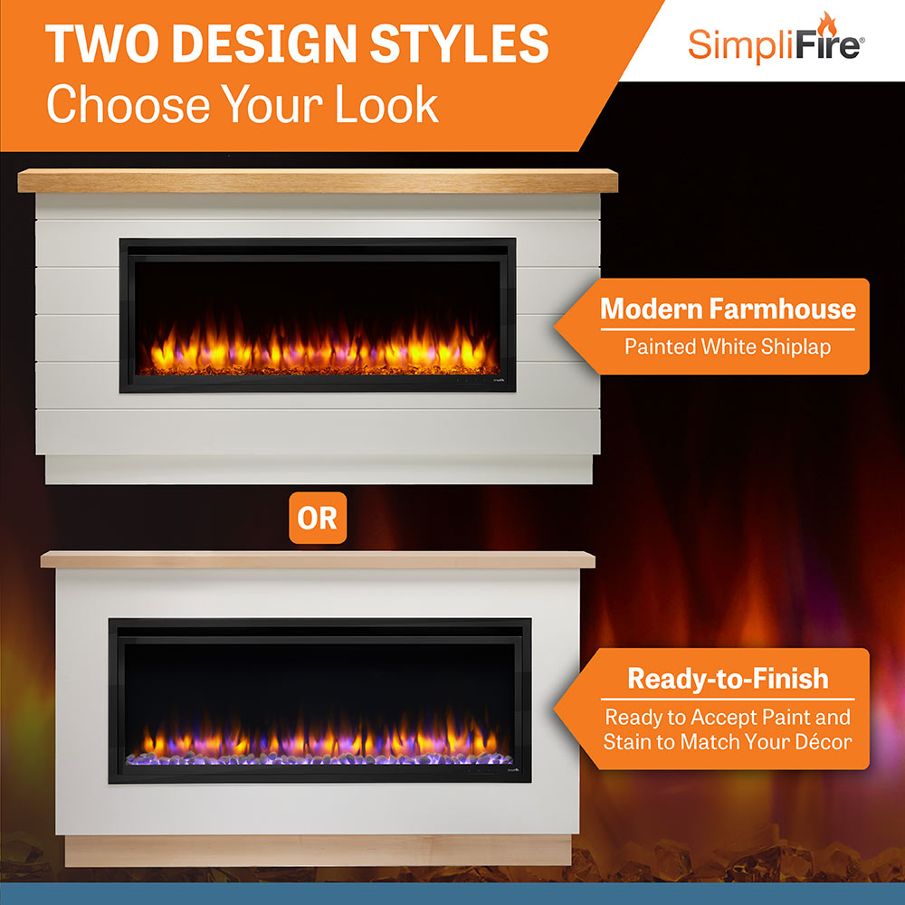 Electric fireplace mantel package with painted white mantel and black linear firebox