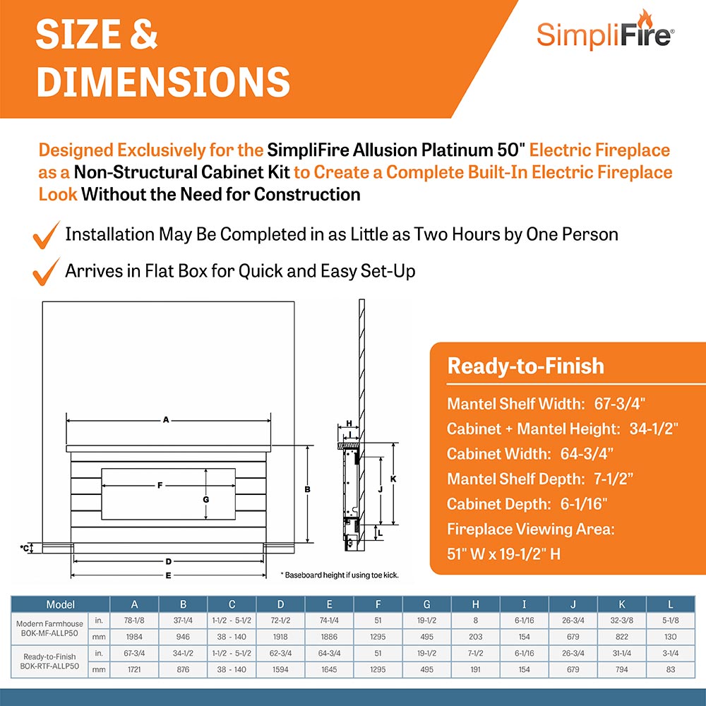 Electric fireplace mantel package dimensions diagram with cabinet and firebox outline