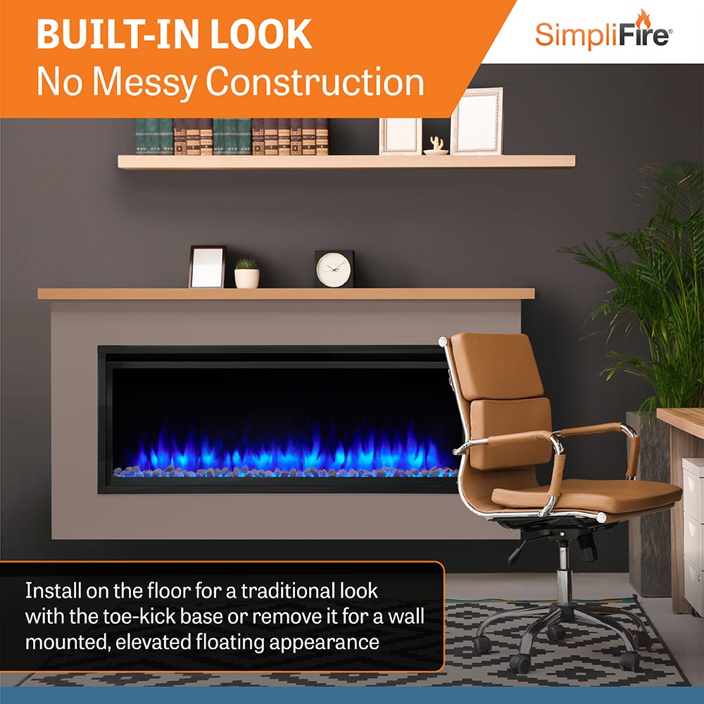 Electric fireplace mantel package built-in on wall with black linear firebox and blue flames