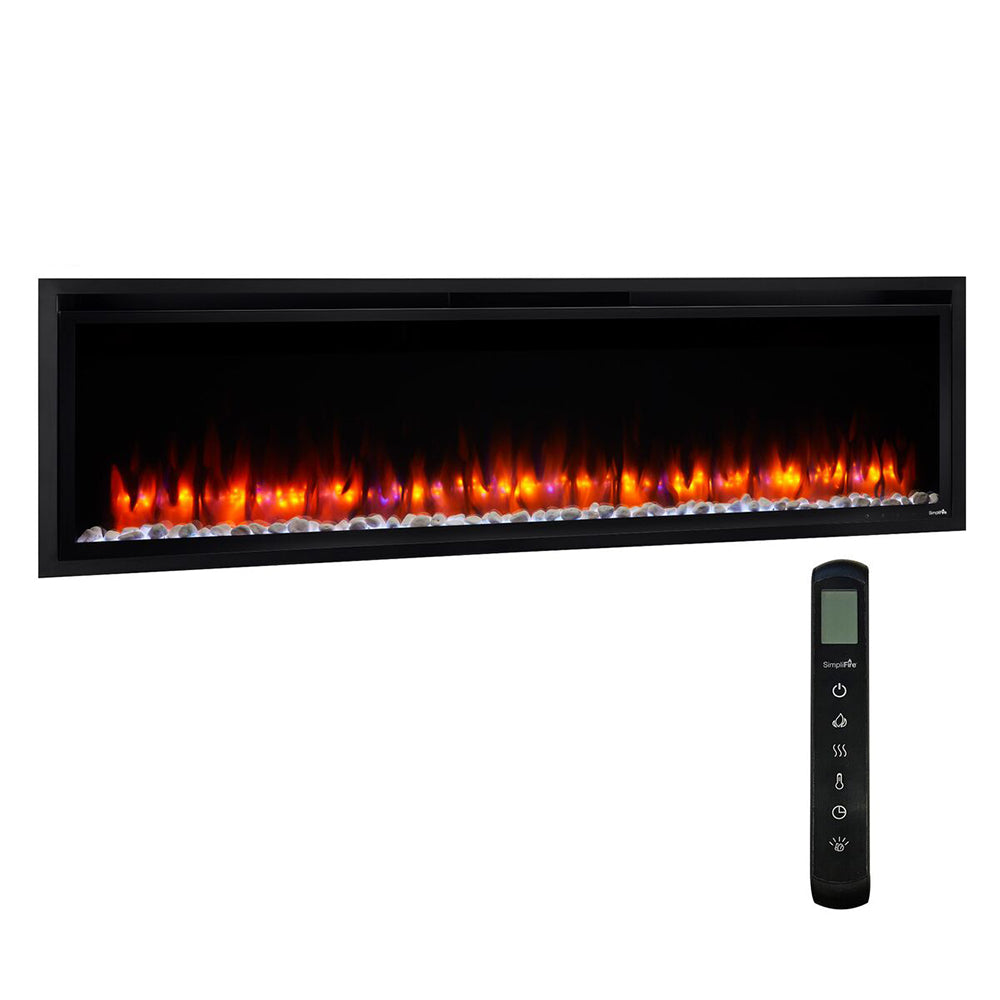 Black linear electric fireplace with flame effect and handheld remote control