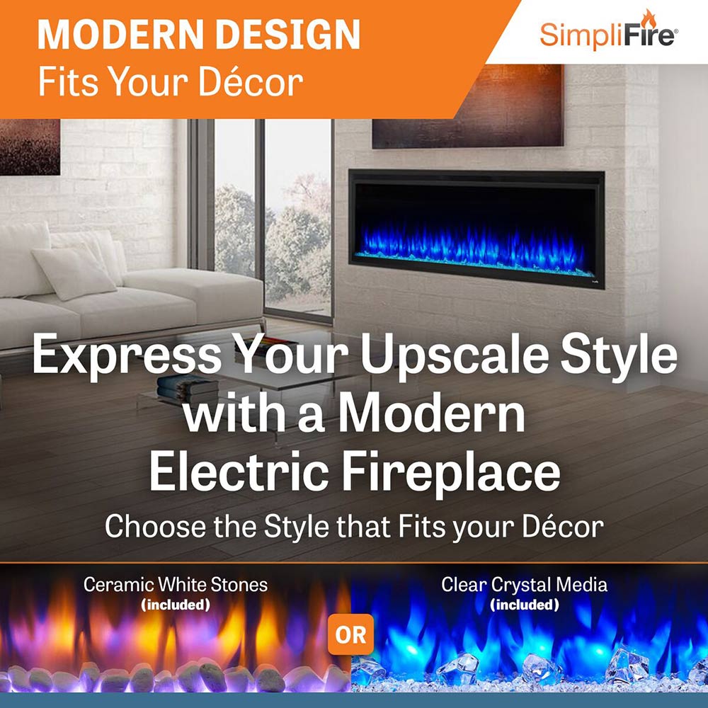 Wall-mounted linear electric fireplace with blue flame effect