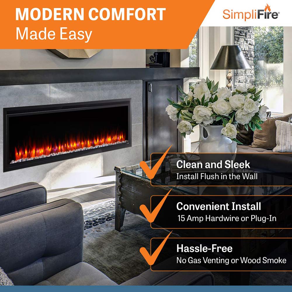 Wall-mounted linear electric fireplace with red flame effect and black mantel frame