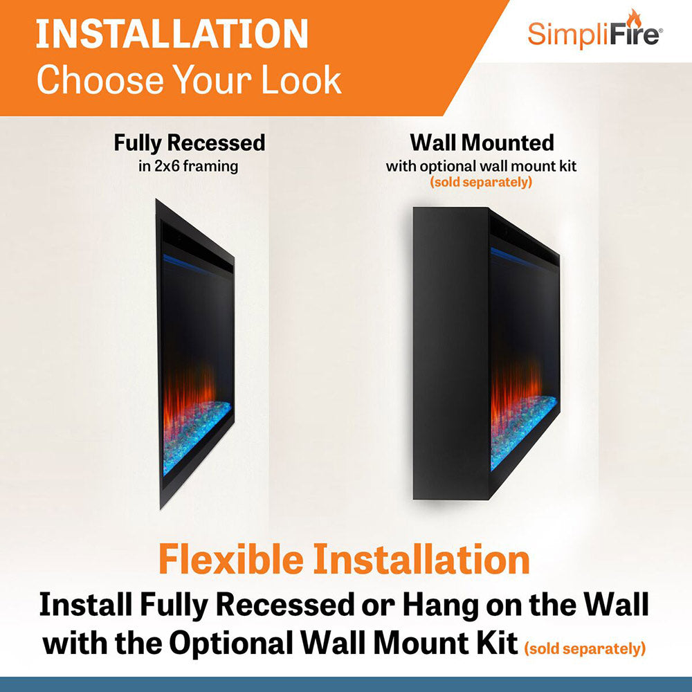 Electric fireplace installation options diagram with recessed and wall-mounted views