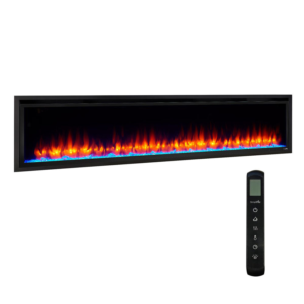 Black linear electric fireplace with red flame effect and blue lighted media strip