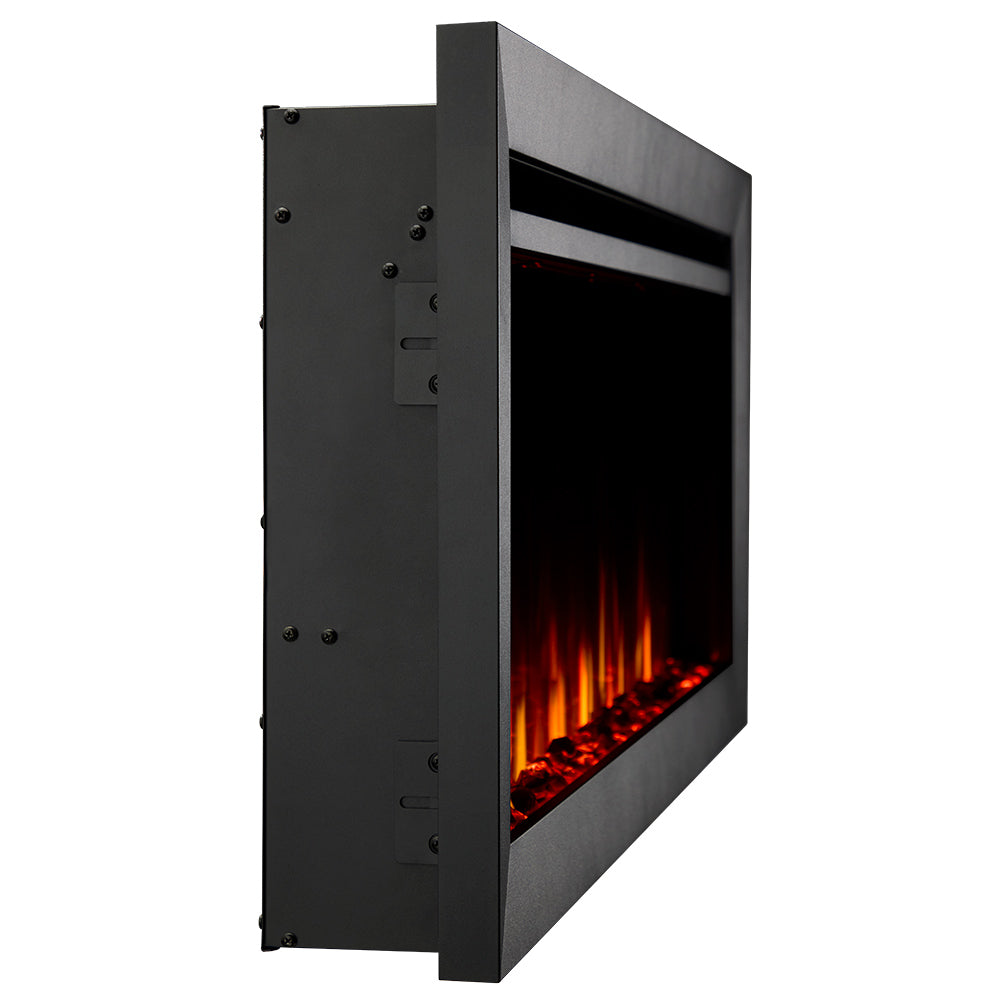 Black slim linear electric fireplace showing side profile and flame viewing opening