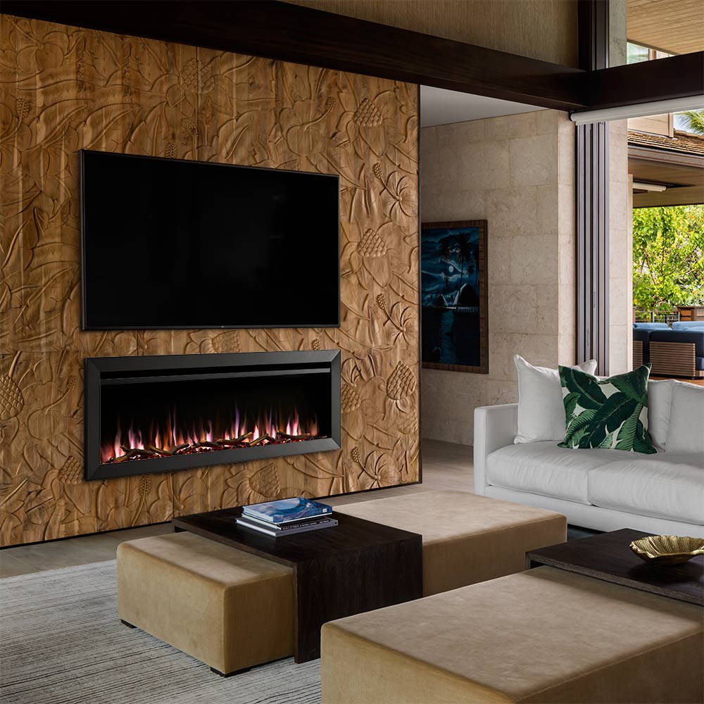 Wall-mounted linear electric fireplace with black frame and horizontal flame window