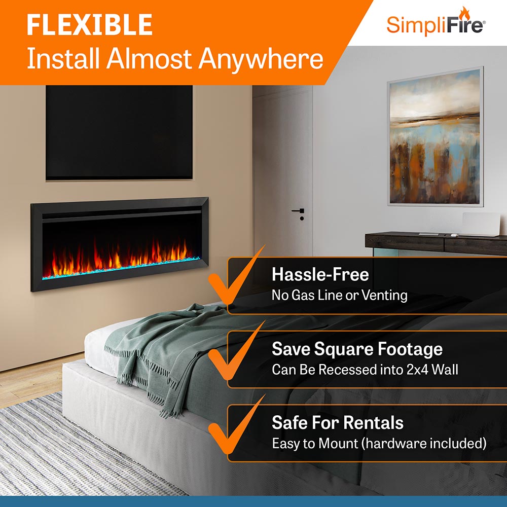 Wall-mounted electric fireplace with black frame and glowing flame effect above bed