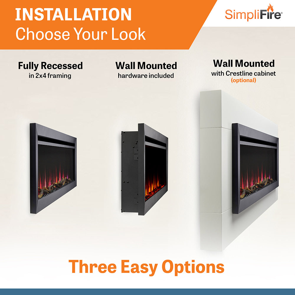 Electric fireplace mounting options showing front views of wall mounted models