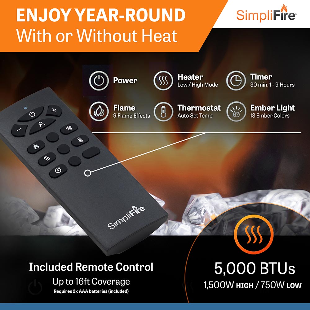 Included remote control for electric fireplace with flame and heat control icons