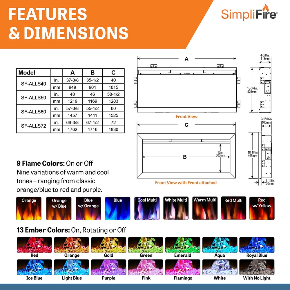 Electric fireplace flame and ember color options chart with multiple color swatches