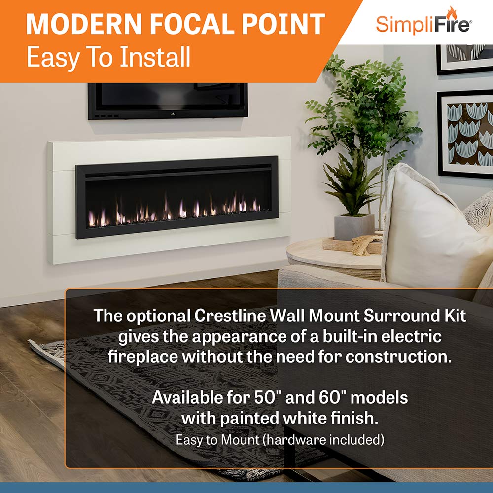 Wall-mounted electric fireplace with black frame and Crestline wall mount surround kit