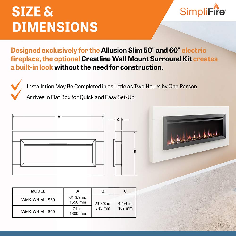 Electric fireplace size and dimensions diagram with mounting measurement labels