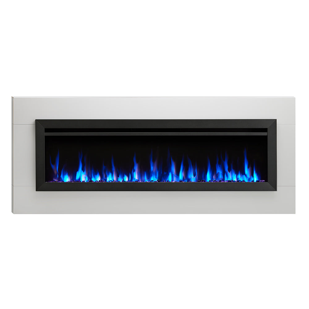 Slim wall-mounted electric fireplace with black firebox and blue flame effect