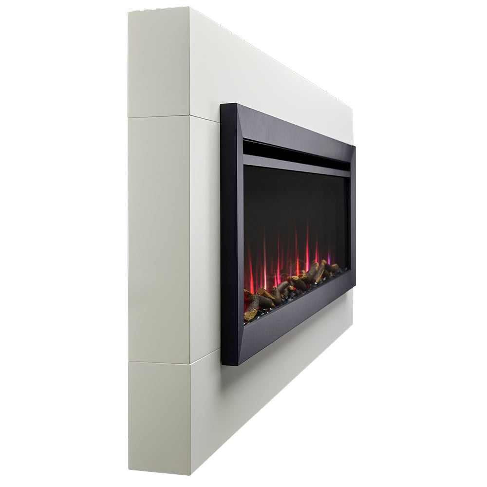 Wall-mounted electric fireplace unit with dark bezel showing ember and flame effect