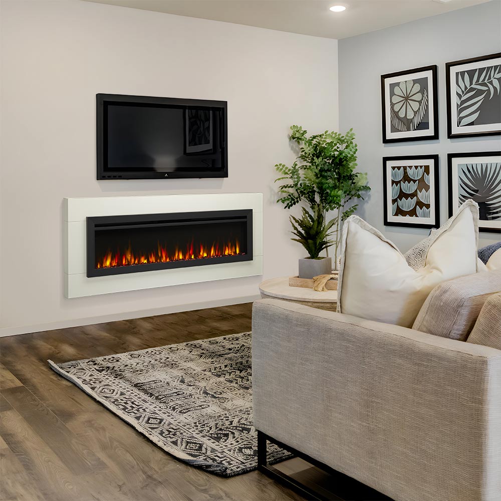 White wall-mounted electric fireplace with glowing flame and black viewing opening
