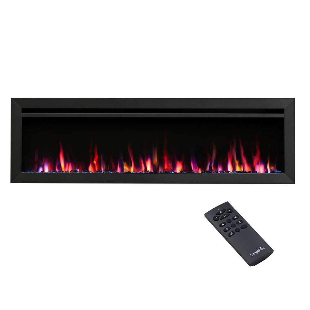 Slim linear electric fireplace with glowing flame display and black remote control