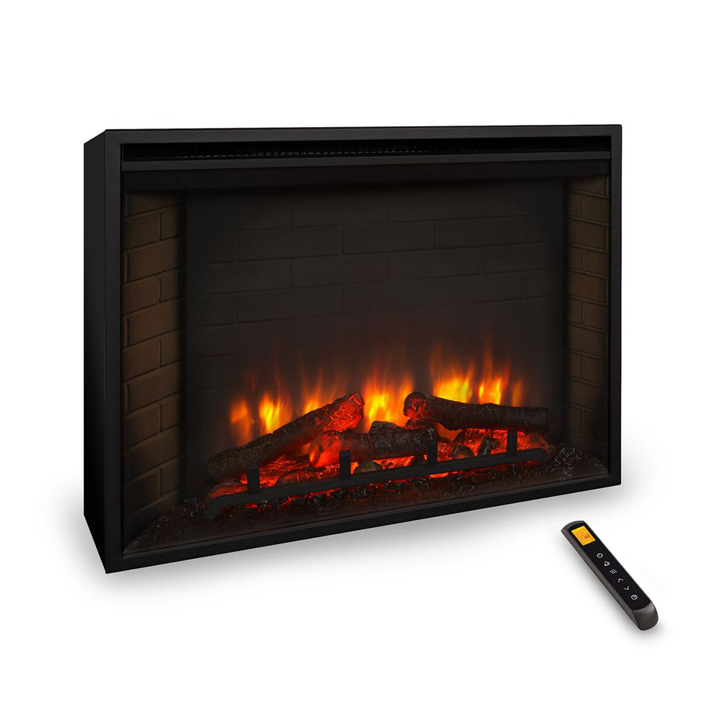 Built-in electric fireplace insert with glowing flames and included remote control