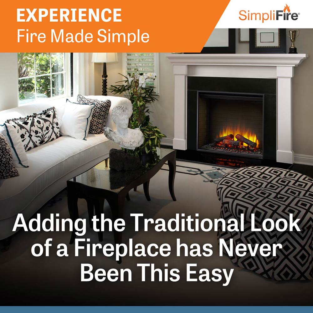 Built-in electric fireplace insert with orange flame display inside white mantel