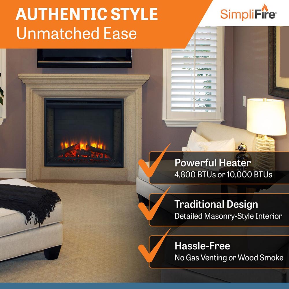 Built-in electric fireplace insert with masonry-style interior and glowing flames