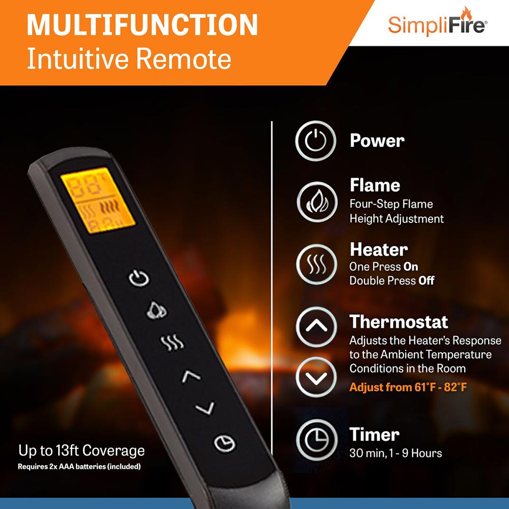 Handheld remote control for electric fireplace with flame and heat buttons