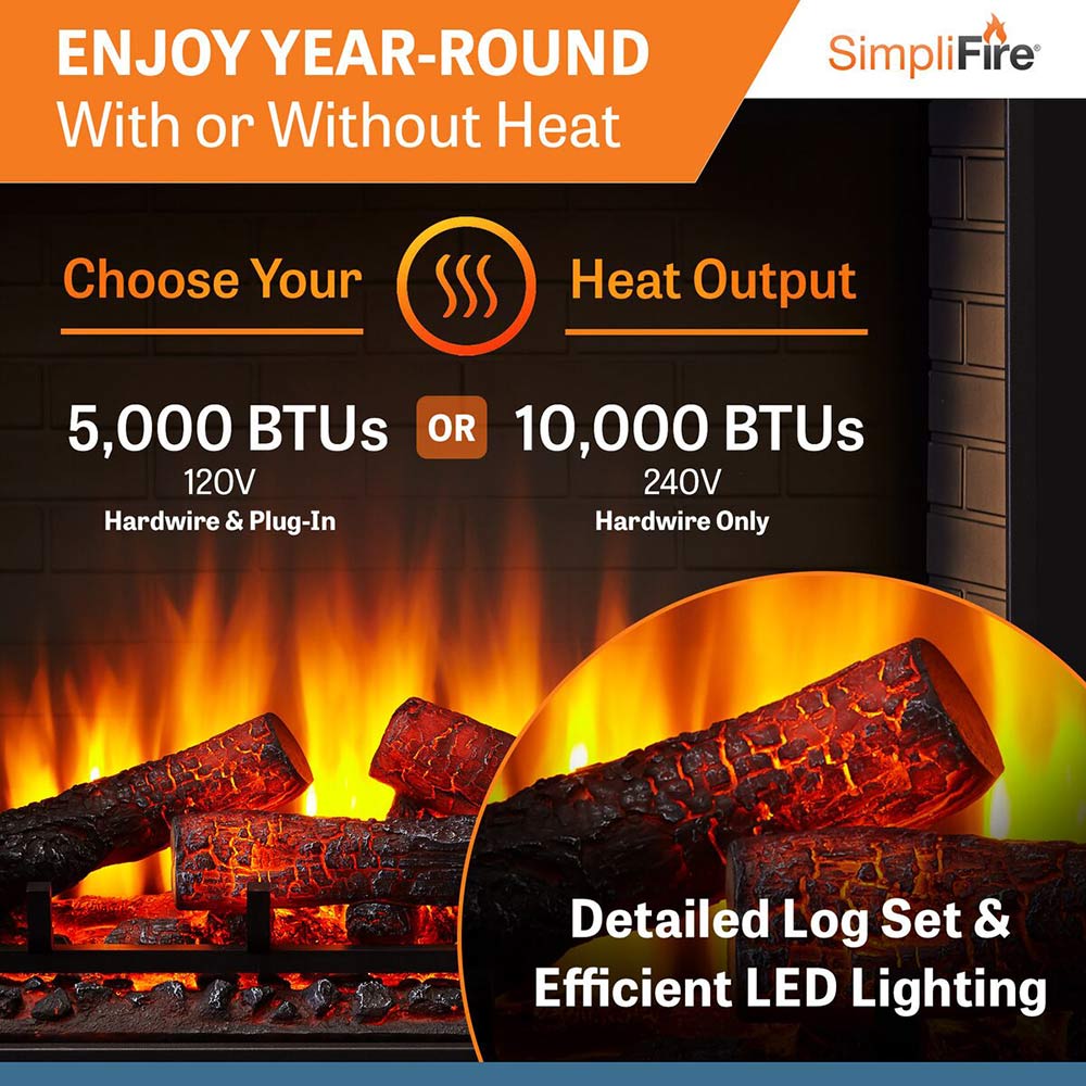 Electric fireplace insert with detailed log set and bright LED flame glow
