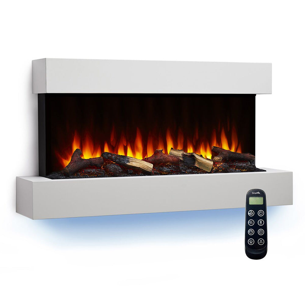 Wall-mounted electric fireplace with white floating mantel, LED flame bed, and remote