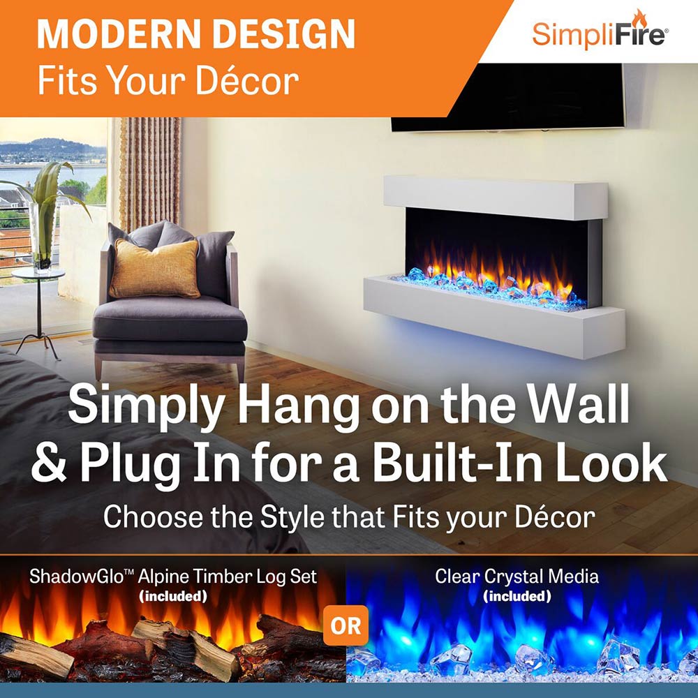 Wall-mounted electric fireplace with white floating mantel and LED flame effect