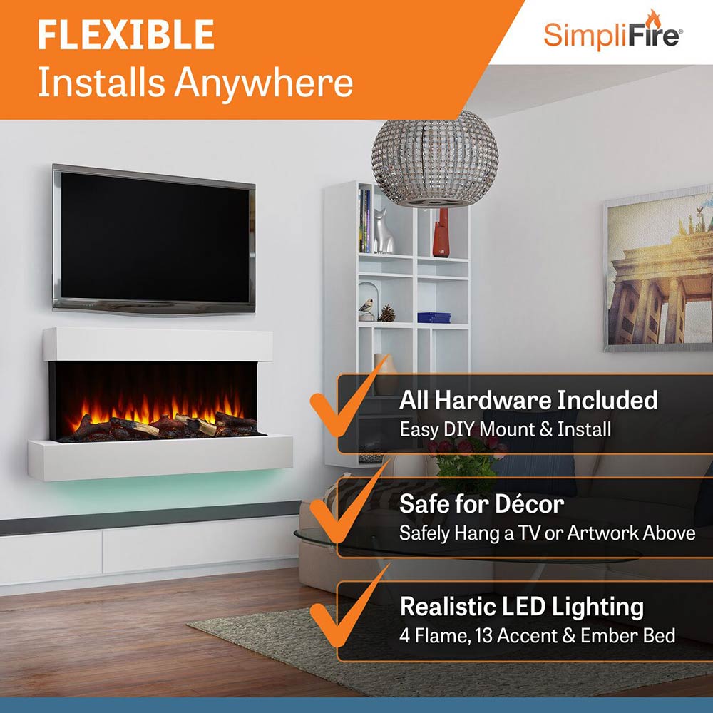 Wall-mounted electric fireplace with white mantel and LED flame effect