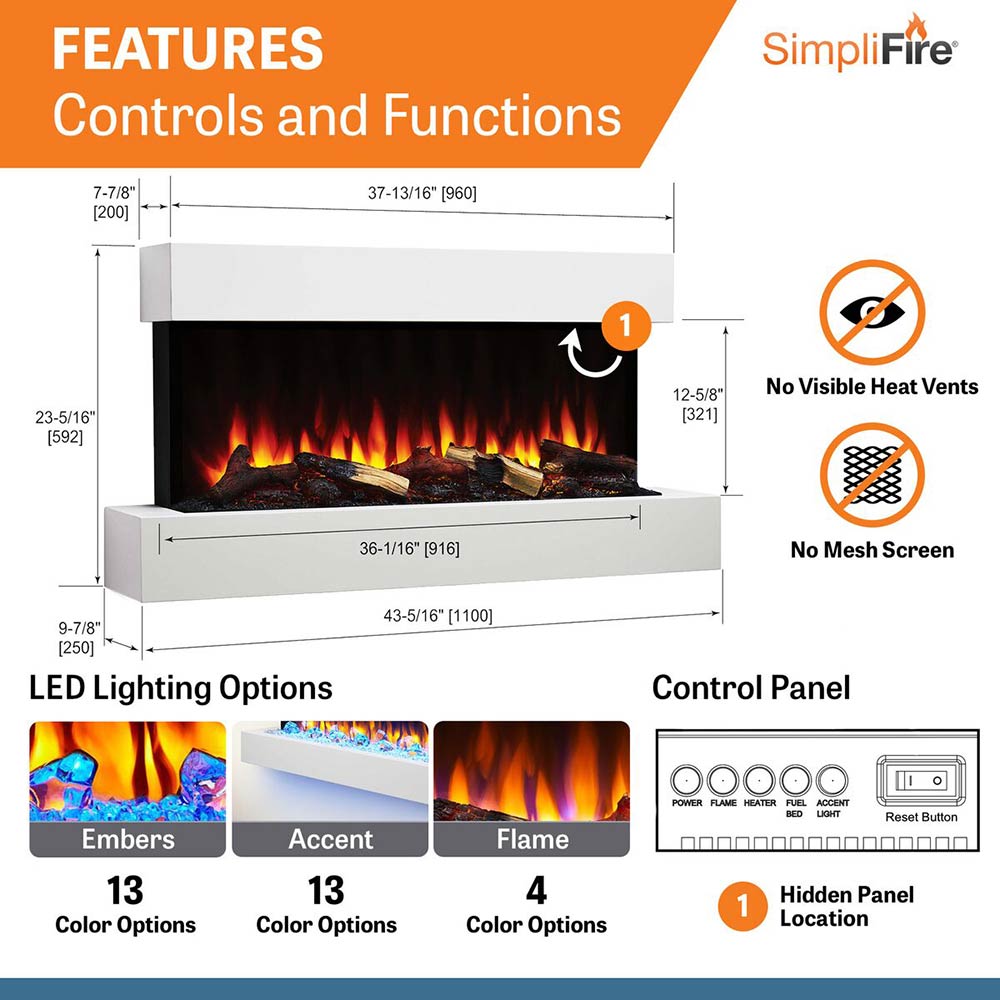 Electric fireplace features diagram with control panel and hidden panel location