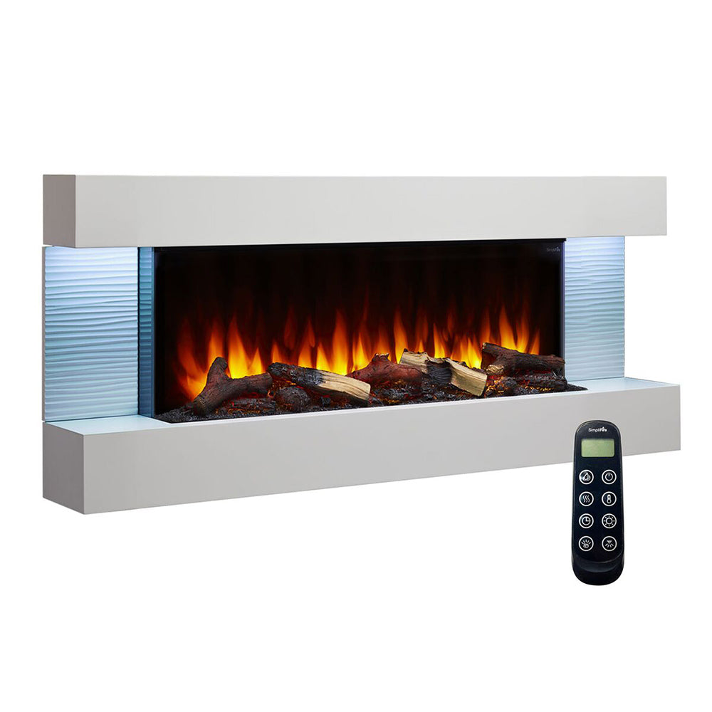 Wall-mount electric fireplace with floating mantel, glowing flame, and remote control