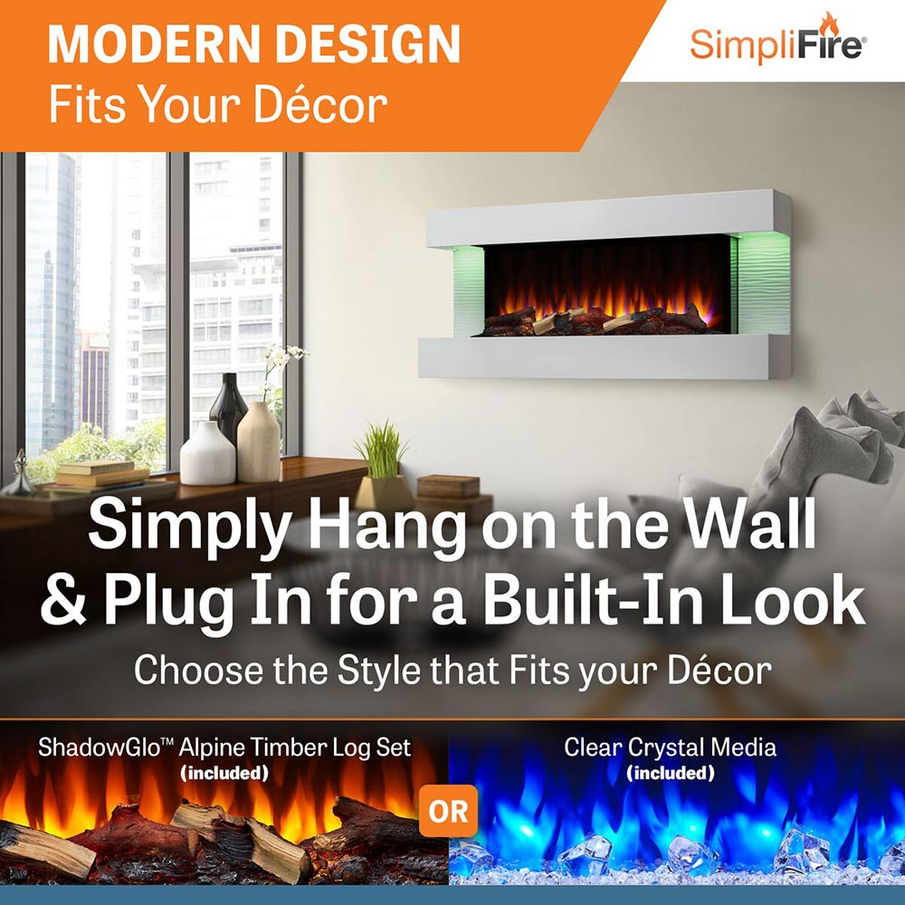 Wall-mount electric fireplace with floating mantel, glowing flame and log bed