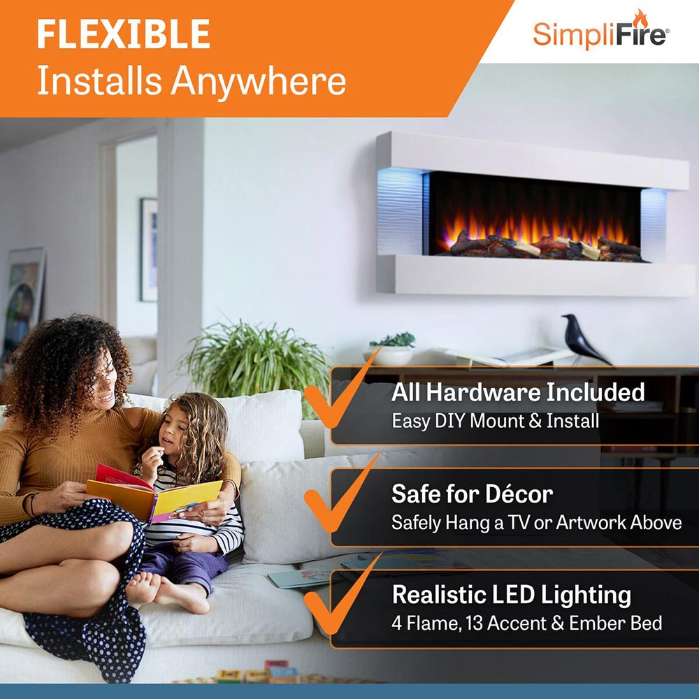 Wall-mount electric fireplace with floating mantel mounted on wall above sofa