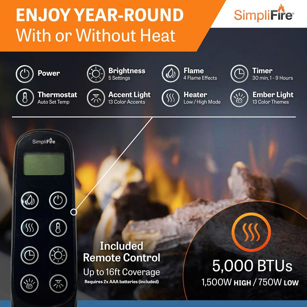 Wall-mount electric fireplace remote control with flame and heat icons
