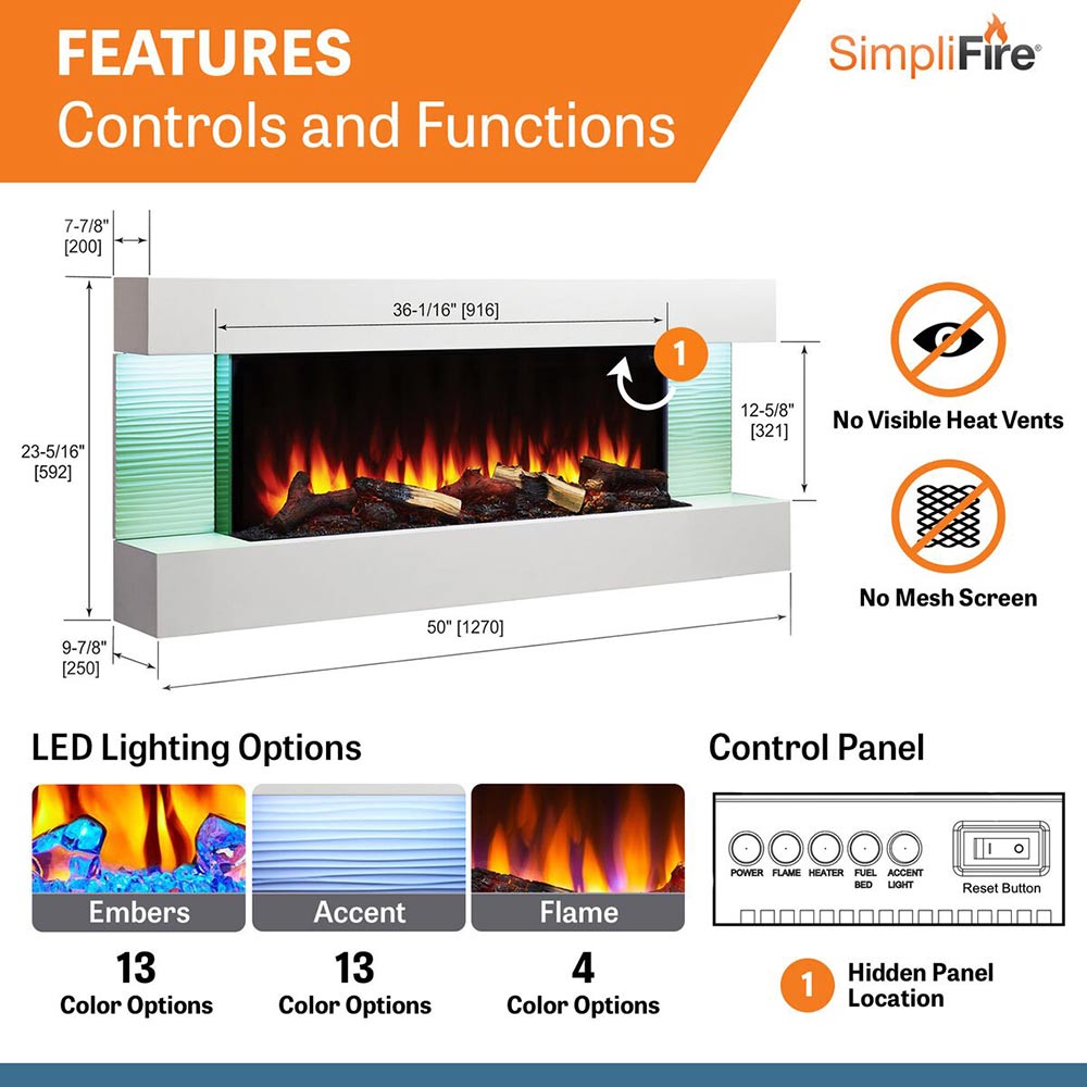 Wall-mount electric fireplace feature diagram with dimensions and control layout