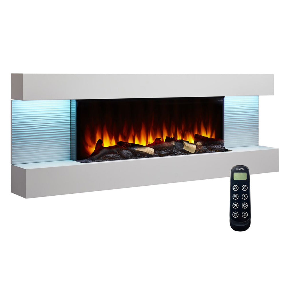 Wall-mount electric fireplace with log bed flame display, white mantel, and black remote.